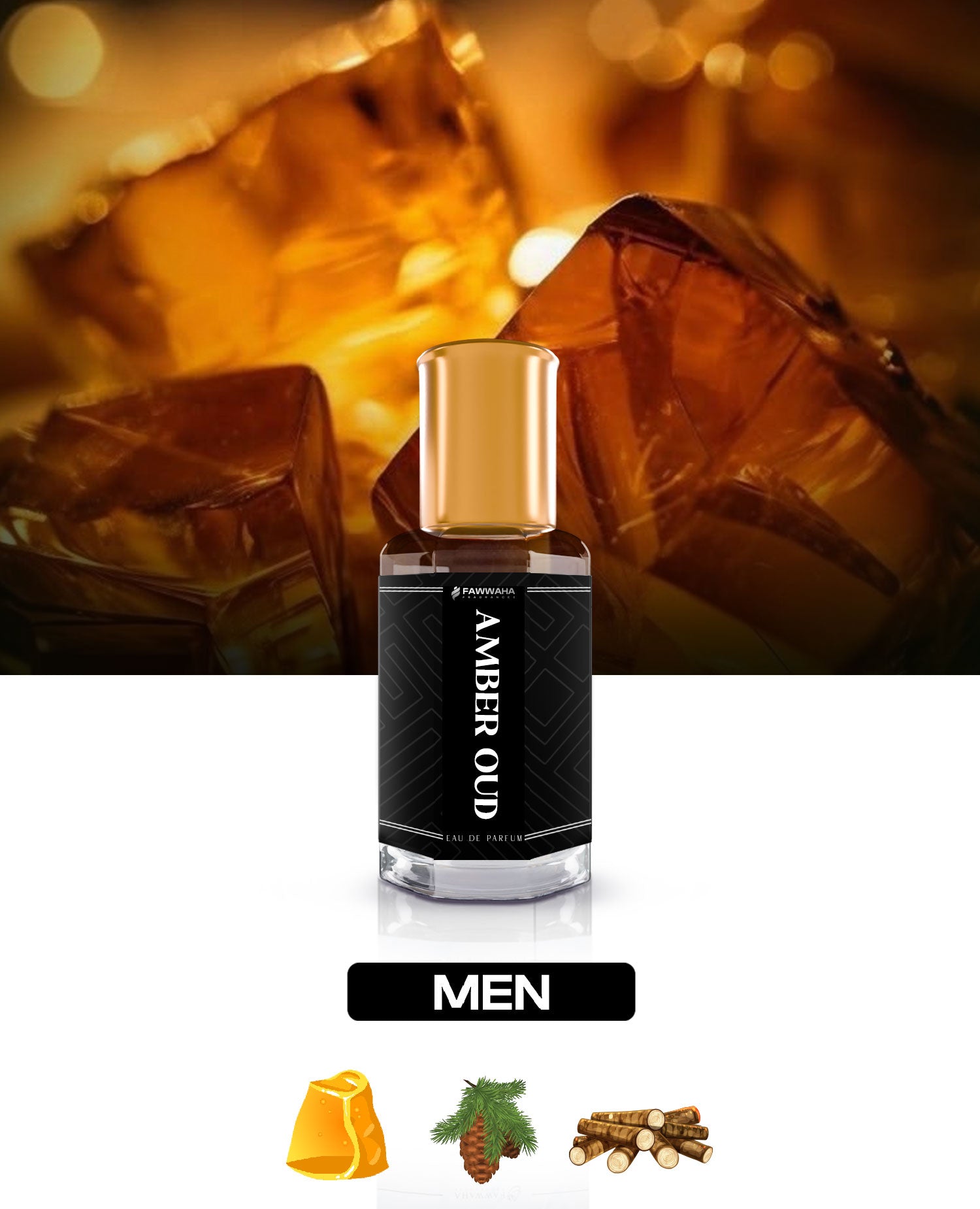 Fawwaha Fragrances Amber Oud Men Perfume bottle with ameer oud arabic attar and natural scent notes